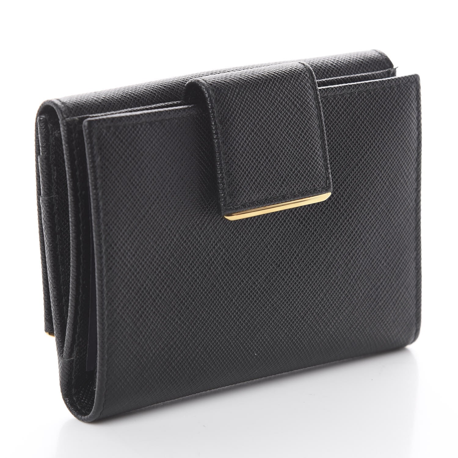 Prada Saffiano Compact Metal Bar Flap Wallet Black 2 of 5