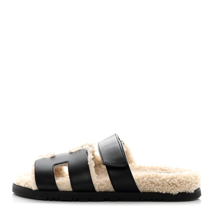Hermes Calfskin Woolskin Womens Chypre Sandals 37.5 Black Ecru 1 of 9