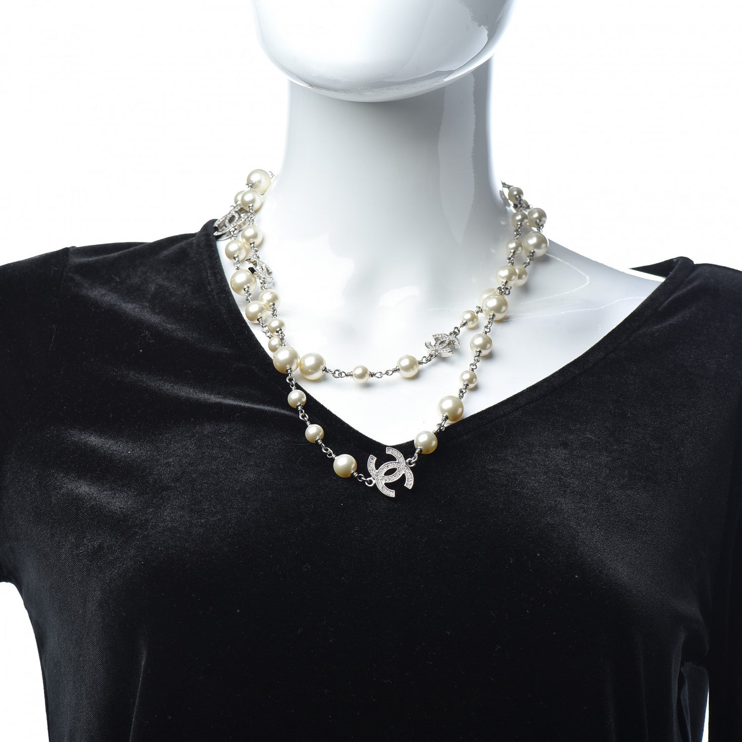 Crystal Pearl CC Long Necklace Silver