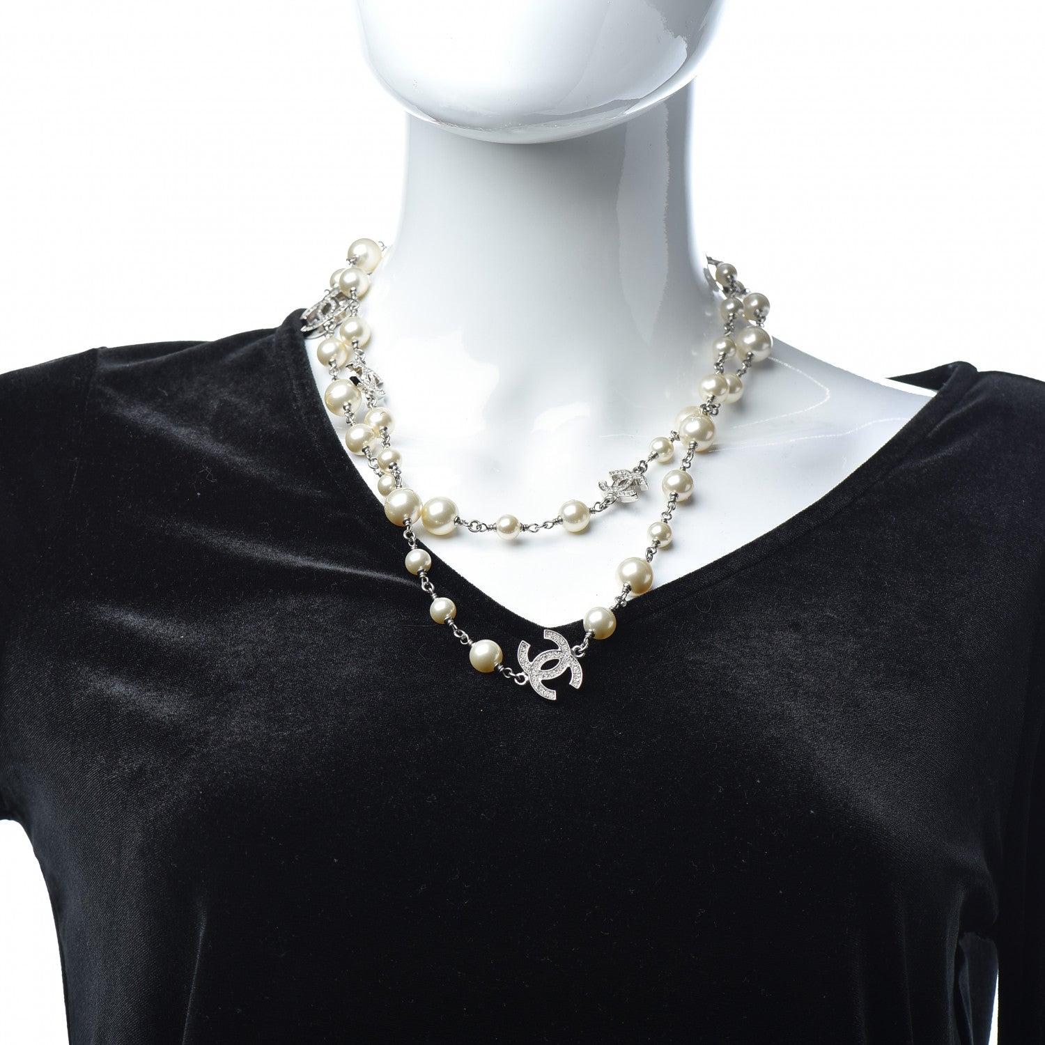 Chanel Crystal Pearl CC Long Necklace Silver 2 of 6