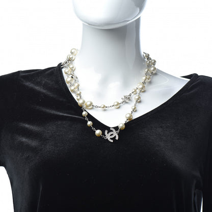 Chanel Crystal Pearl CC Long Necklace Silver 2 of 6