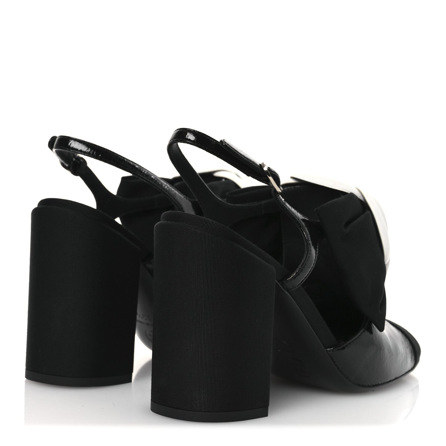 Crumpled Shiny Fabric Grosgrain Cap Toe Camellia Bow Slingback Pumps 38.5 Black