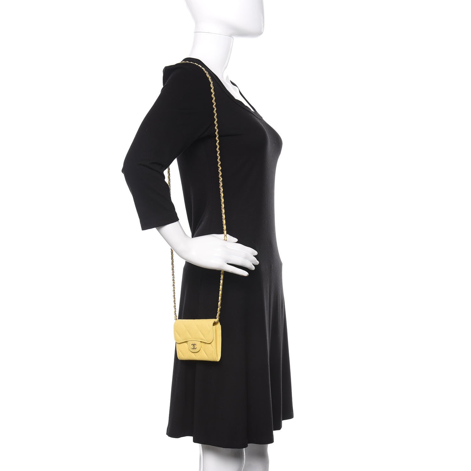 Chanel Caviar Quilted Flap Card Holder On Chain Yellow 2 of 9