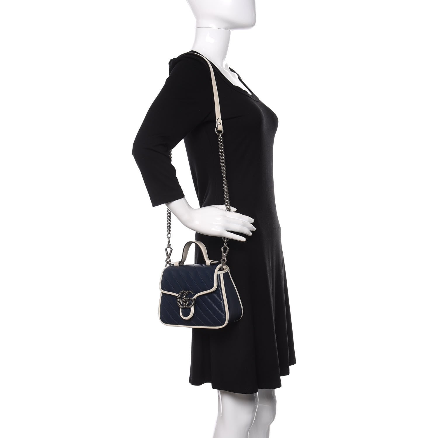 Gucci Vintage Effect Calfskin Matelasse Diagonal Mini Torchon GG Marmont Top Handle Shoulder Bag Blue Agata Mystic White 2 of 10