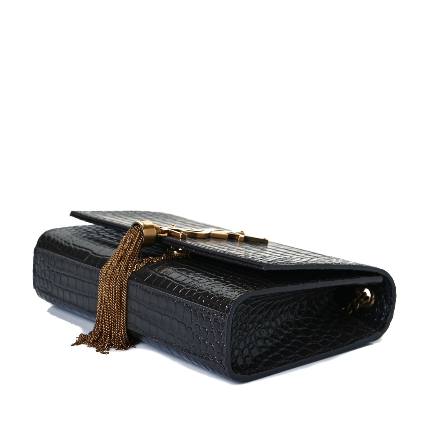 Calfskin Crocodile Embossed Small Classic Monogram Kate Tassel Satchel Pebble