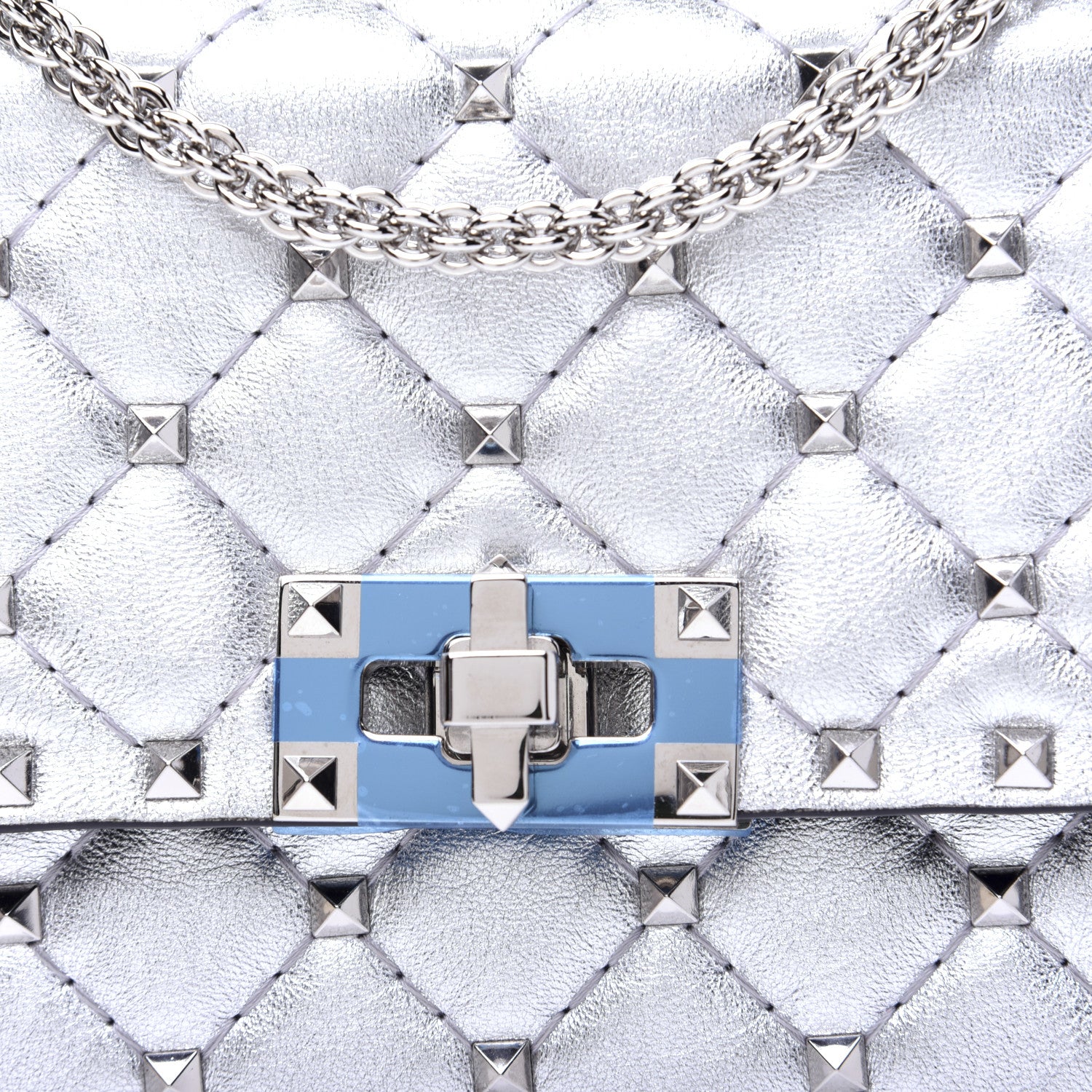 Valentino Garavani Metallic Lambskin Rockstud Spike Wallet on Chain Silver 18 of 18