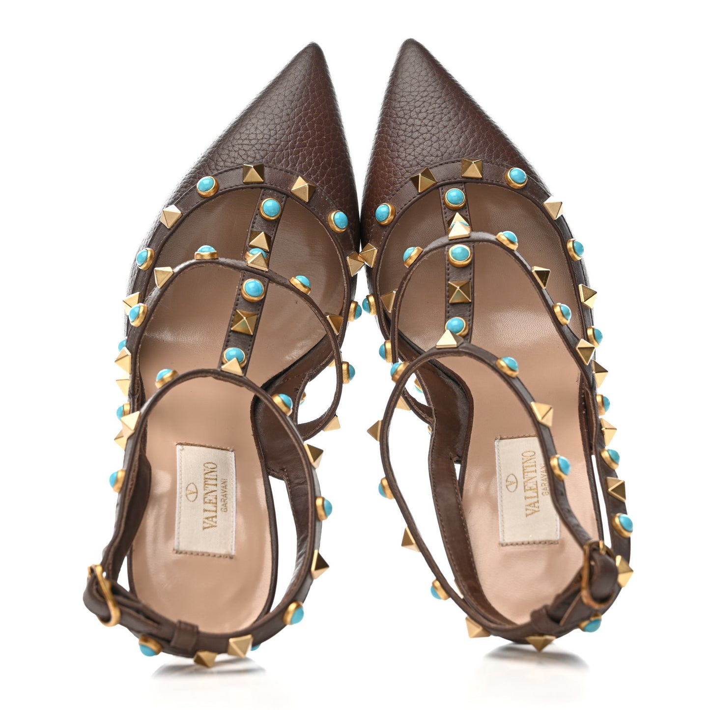Pebbled Calfskin Turquoise Rockstud Rolling Ankle Strap 100mm Pumps 38 Cacao
