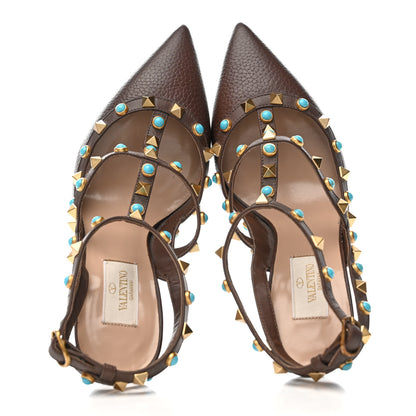 Valentino Garavani Pebbled Calfskin Turquoise Rockstud Rolling Ankle Strap 100mm Pumps 38 Cacao 2 of 10