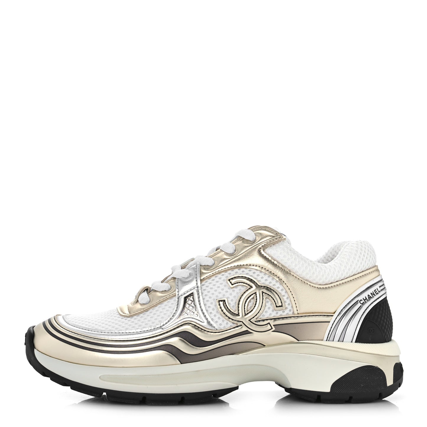 Fabric Laminated Calfskin CC Sneakers 37 White Gold Silver