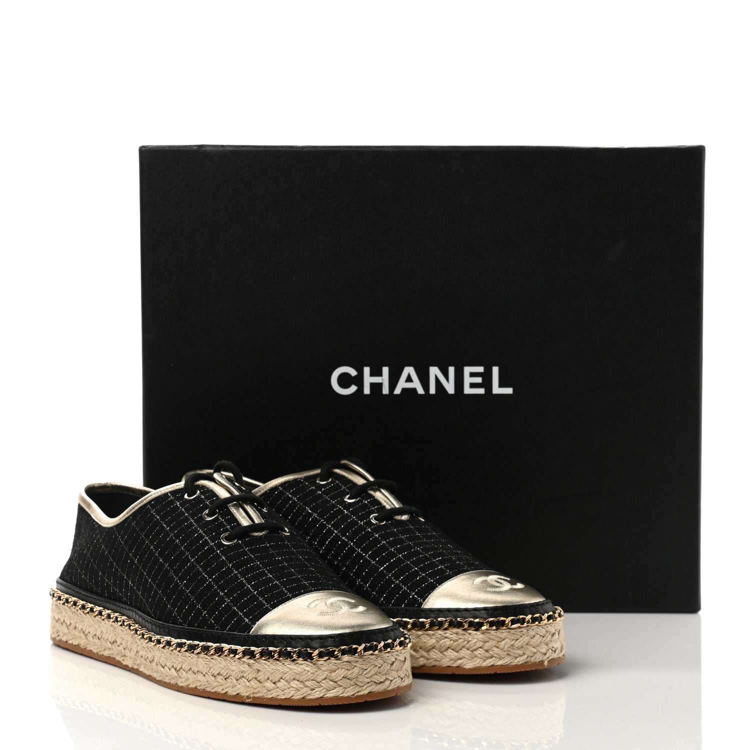 Chanel Tweed Lambskin Chain Lace Up Espadrille Sneakers 39 Black Gold 9 of 9