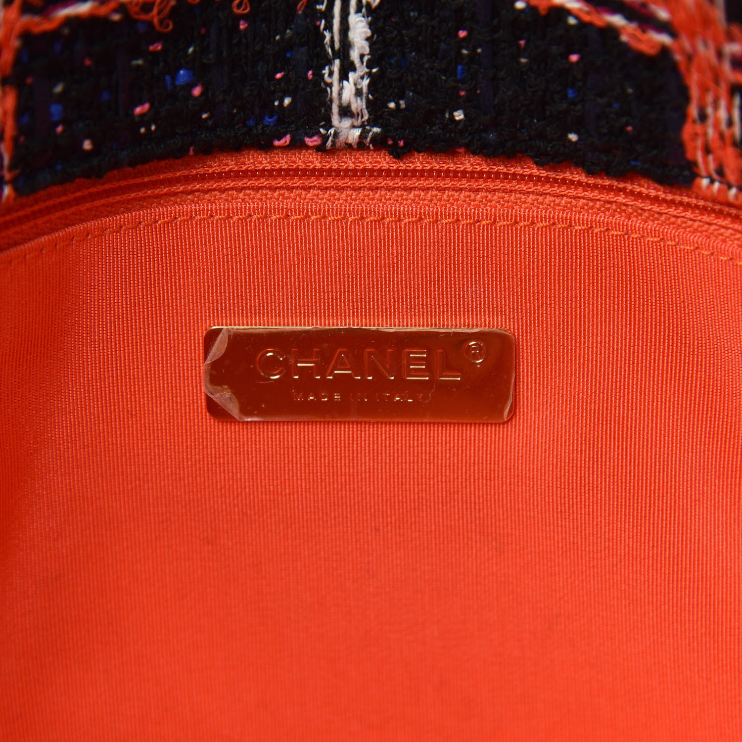 Chanel Tweed Quilted Large Chanel 19 Flap Black Orange Blue 6 of 12
