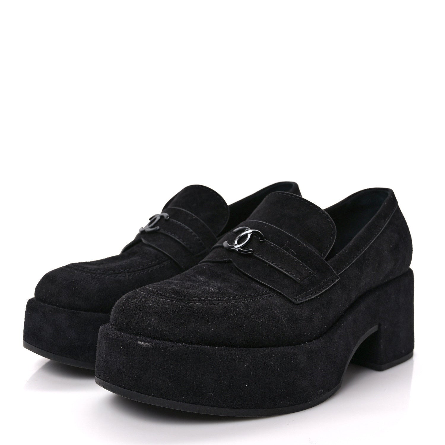 Chanel Suede CC Platform Loafers 36.5 Black 3 of 8