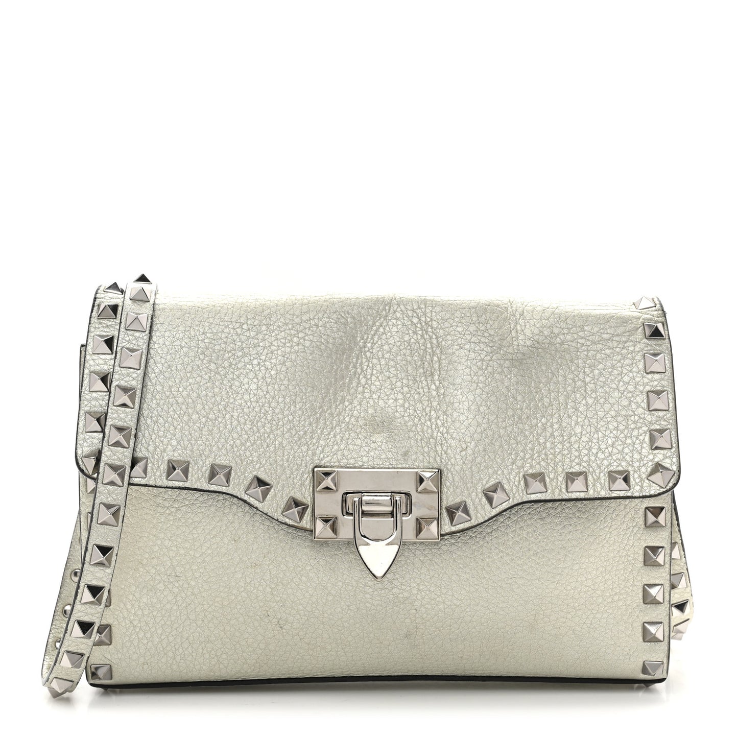 Metallic Pebbled Calfskin Medium Rockstud Flip Lock Crossbody Bag Silver
