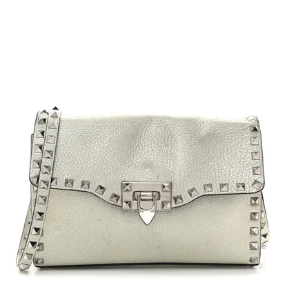 Valentino Garavani Metallic Pebbled Calfskin Medium Rockstud Flip Lock Crossbody Bag Silver 1 of 12