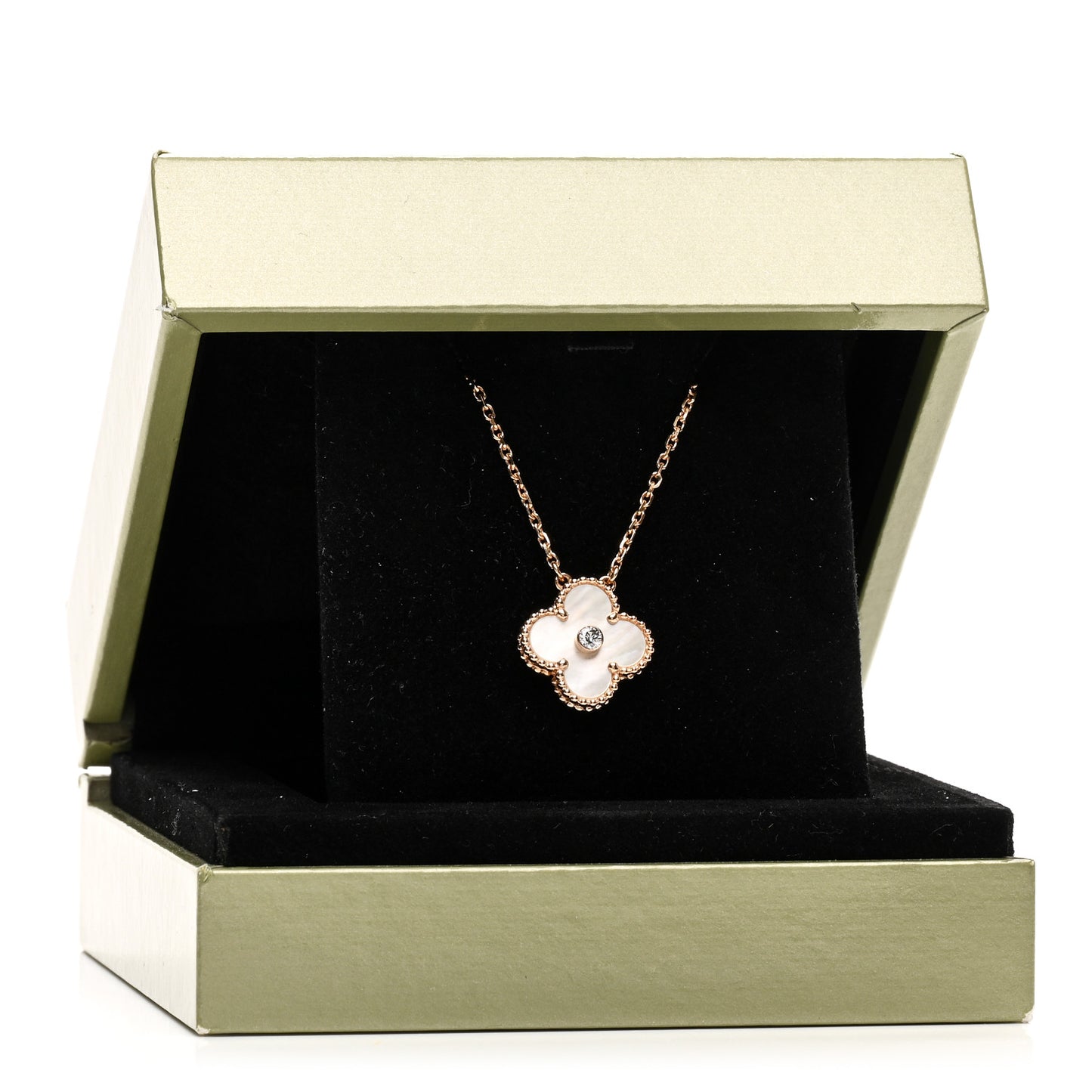 18K Rose Gold Diamond Mother of Pearl Vintage Alhambra Pendant Necklace