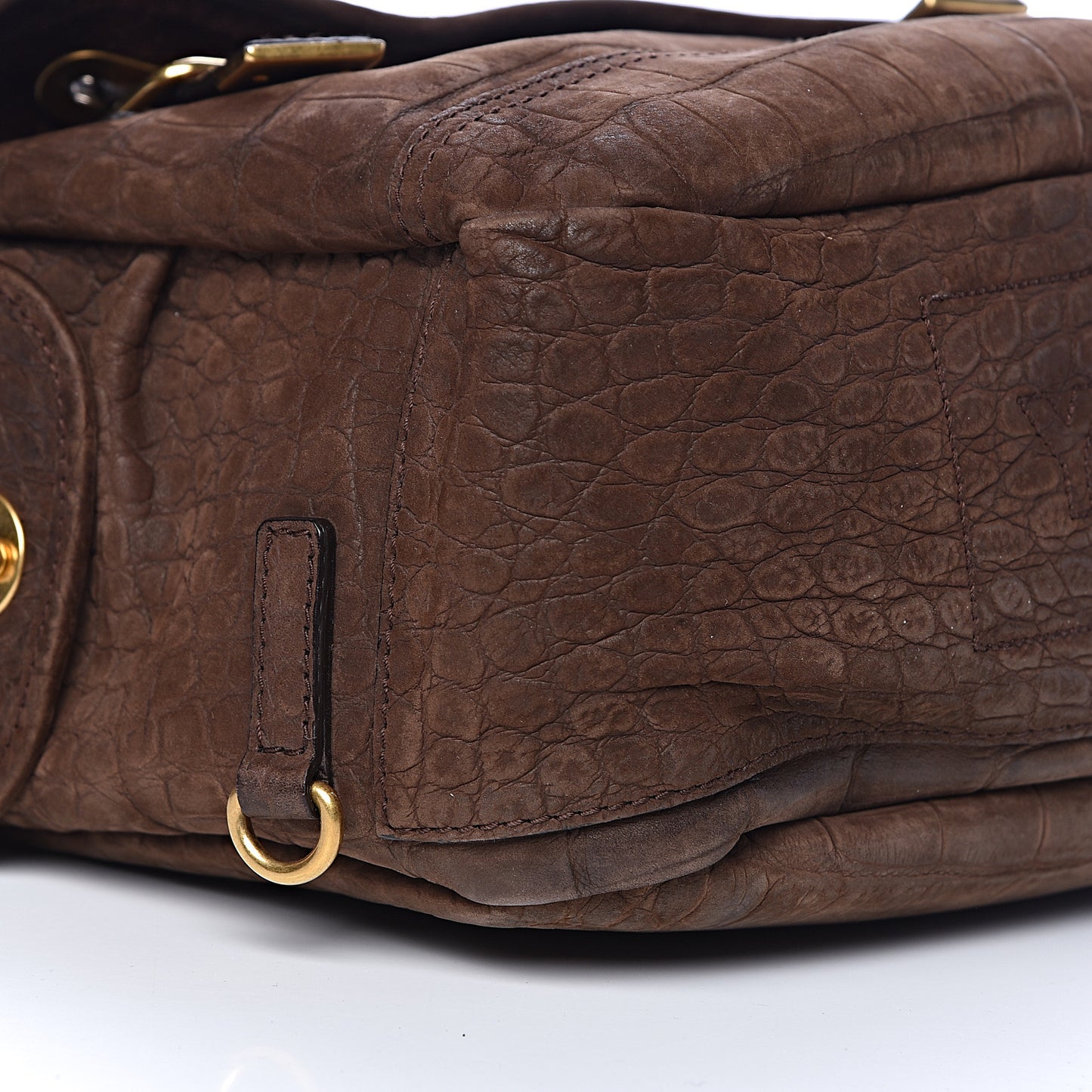 Crocodile Embossed Nubuck Besace Shoulder Bag Brown Sand