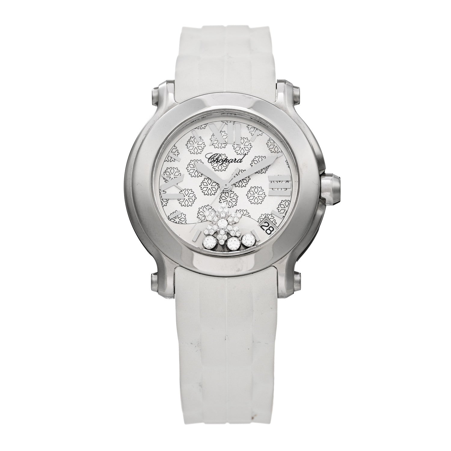 Chopard Stainless Steel Rubber Diamond 36mm Happy Sport Snow Flake Quartz Watch White 1 of 5