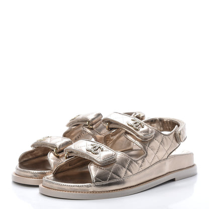 Chanel Iridescent Lambskin Quilted Velcro Dad Sandals 38.5 Light Bronze 3 of 8