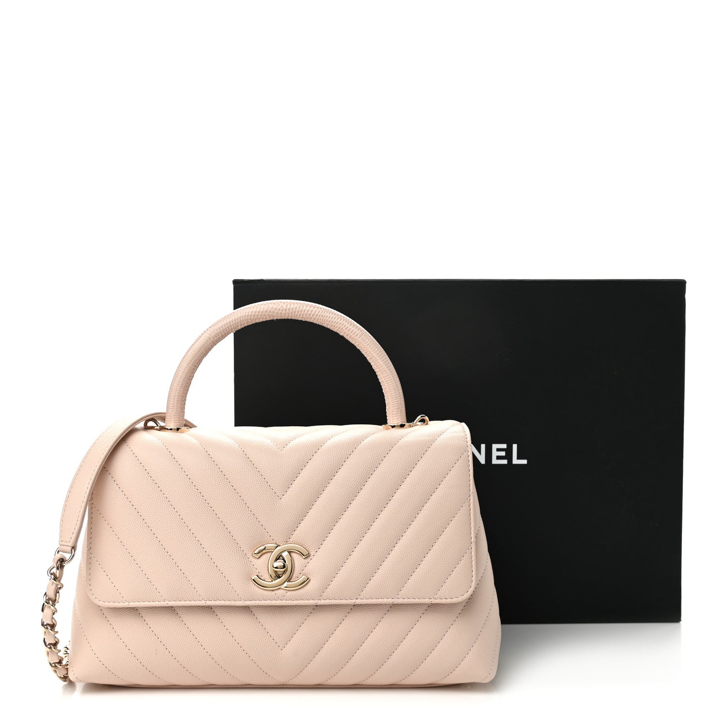 Caviar Lizard Embossed Chevron Quilted Small Coco Handle Flap Beige