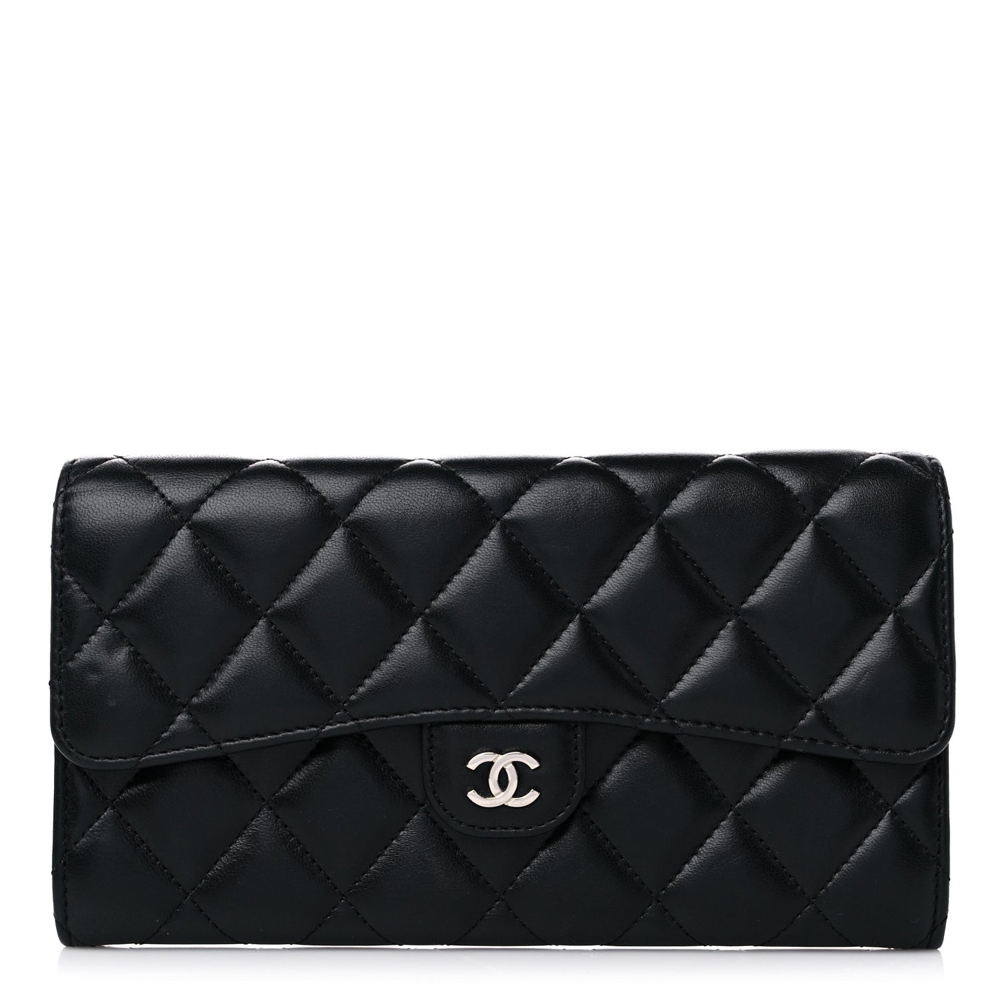Lambskin Quilted Large Gusset Flap Wallet Black