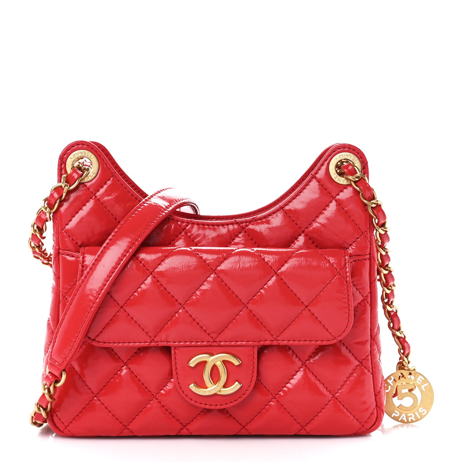 Chanel Shiny Crumpled Calfskin Quilted Small Wavy CC Hobo Red 1 of 11