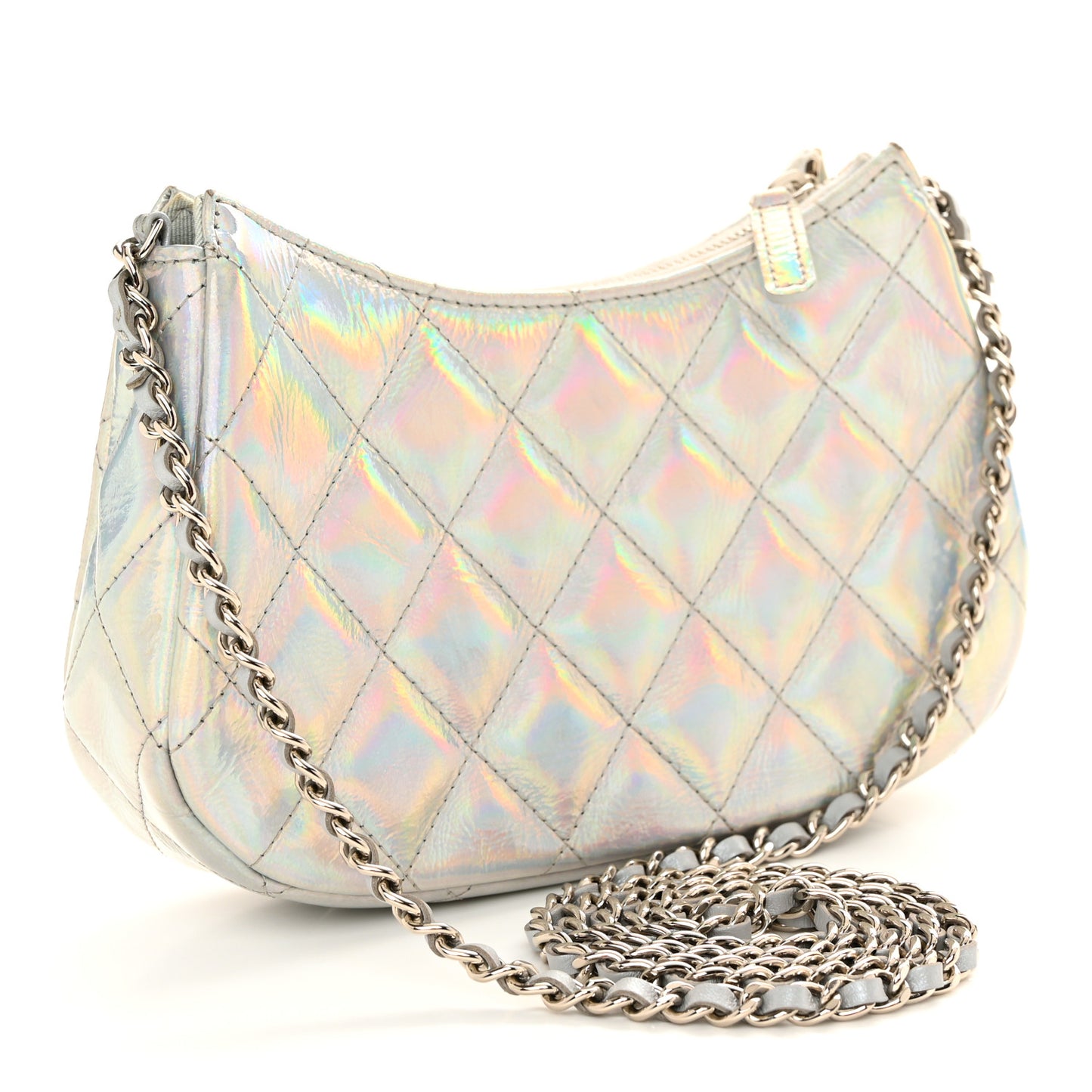 Iridescent Mirror Goatskin Quilted Clutch With Chain Silver