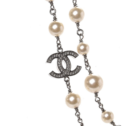 Chanel Graduated Pearl Crystal CC Long Necklace Silver 4 of 6