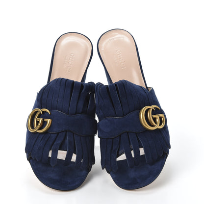 Gucci Kid Scamosciato GG Marmont Fringe 75mm Slide Sandals 38.5 Blue Ink 5 of 10