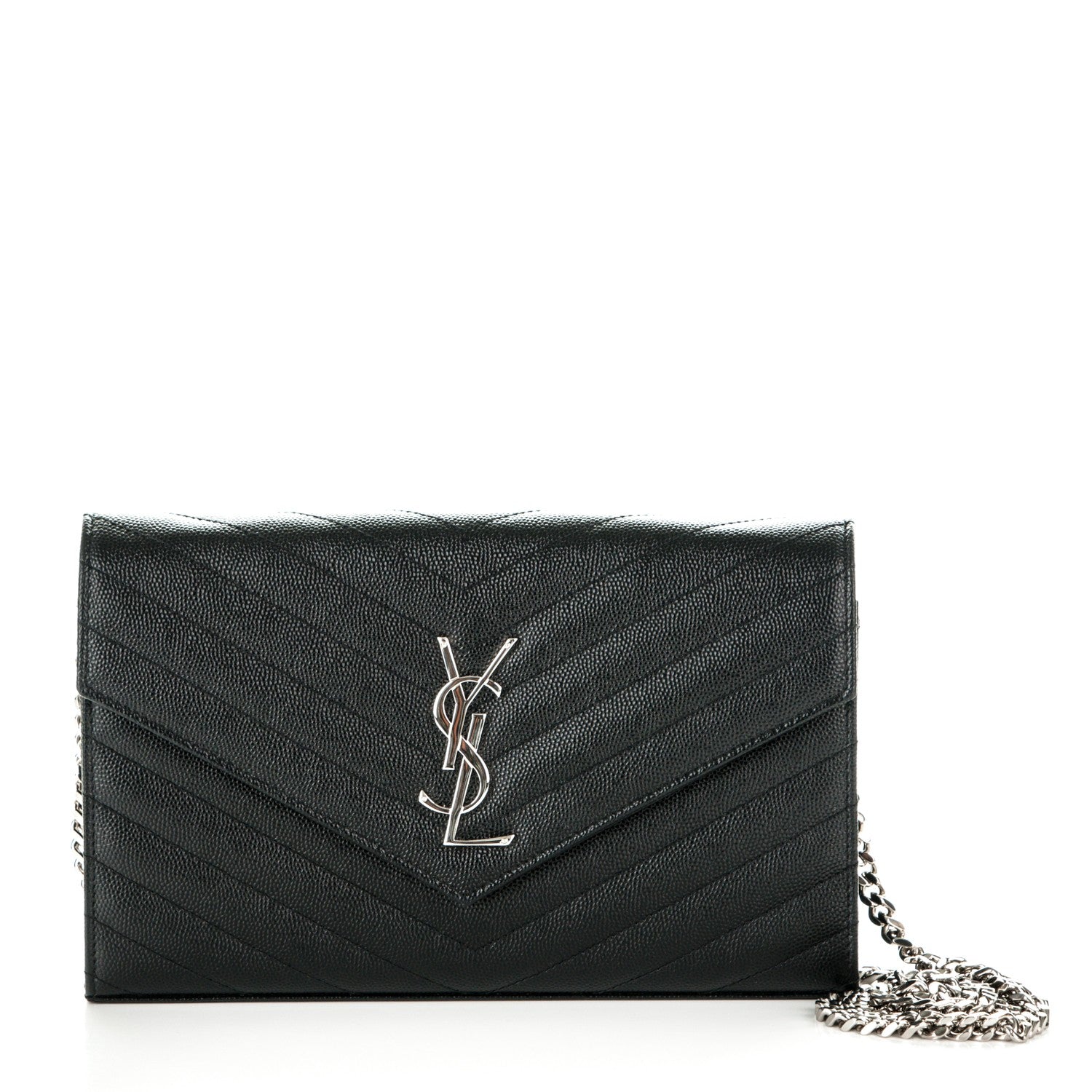 Saint Laurent Grain De Poudre Matelasse Chevron Medium Monogram Chain Wallet Black 1 of 6