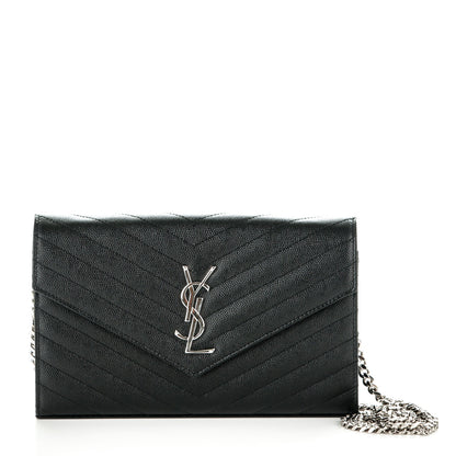 Saint Laurent Grain De Poudre Matelasse Chevron Medium Monogram Chain Wallet Black 1 of 6