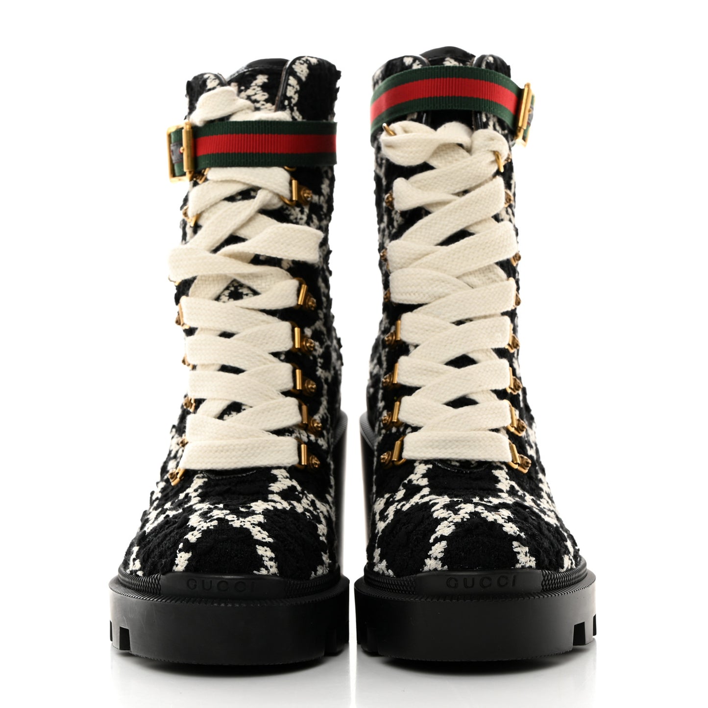 Tweed GG Monogram Lace Up Combat Ankle Boots 37.5 Black