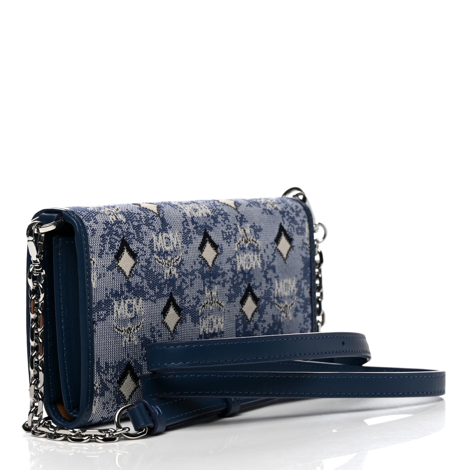 MCM Vintage Jacquard Monogram Aren Chain Wallet Crossbody Blue 3 of 6