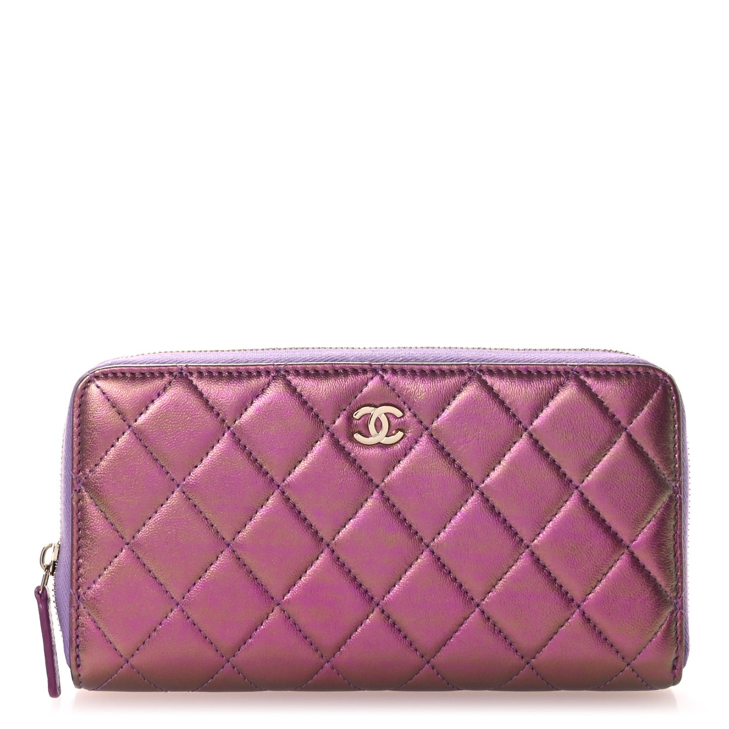 Iridescent Lambskin Quilted Large Gusset Zip Around Wallet Purple