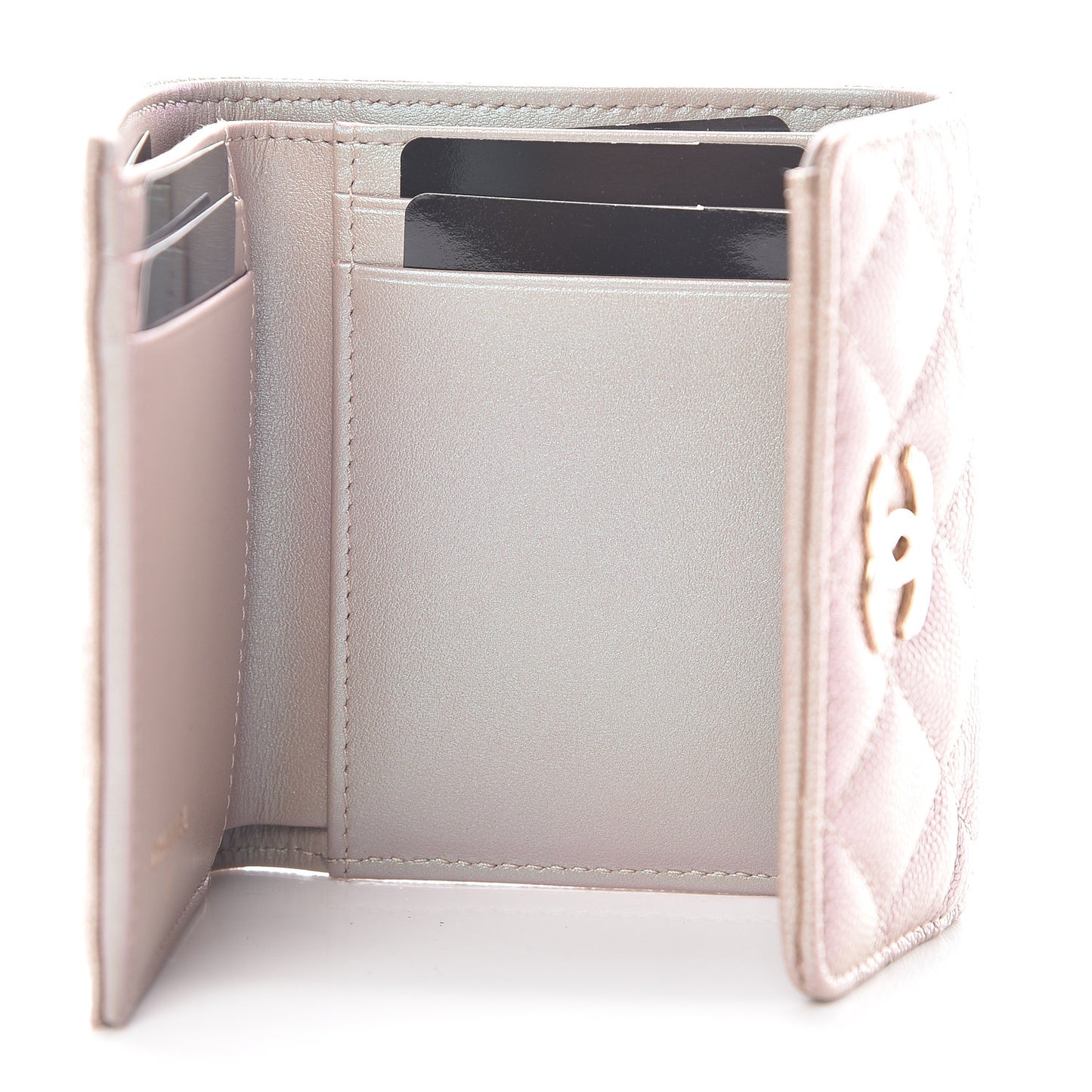 Iridescent Caviar Quilted Small Flap Wallet Beige