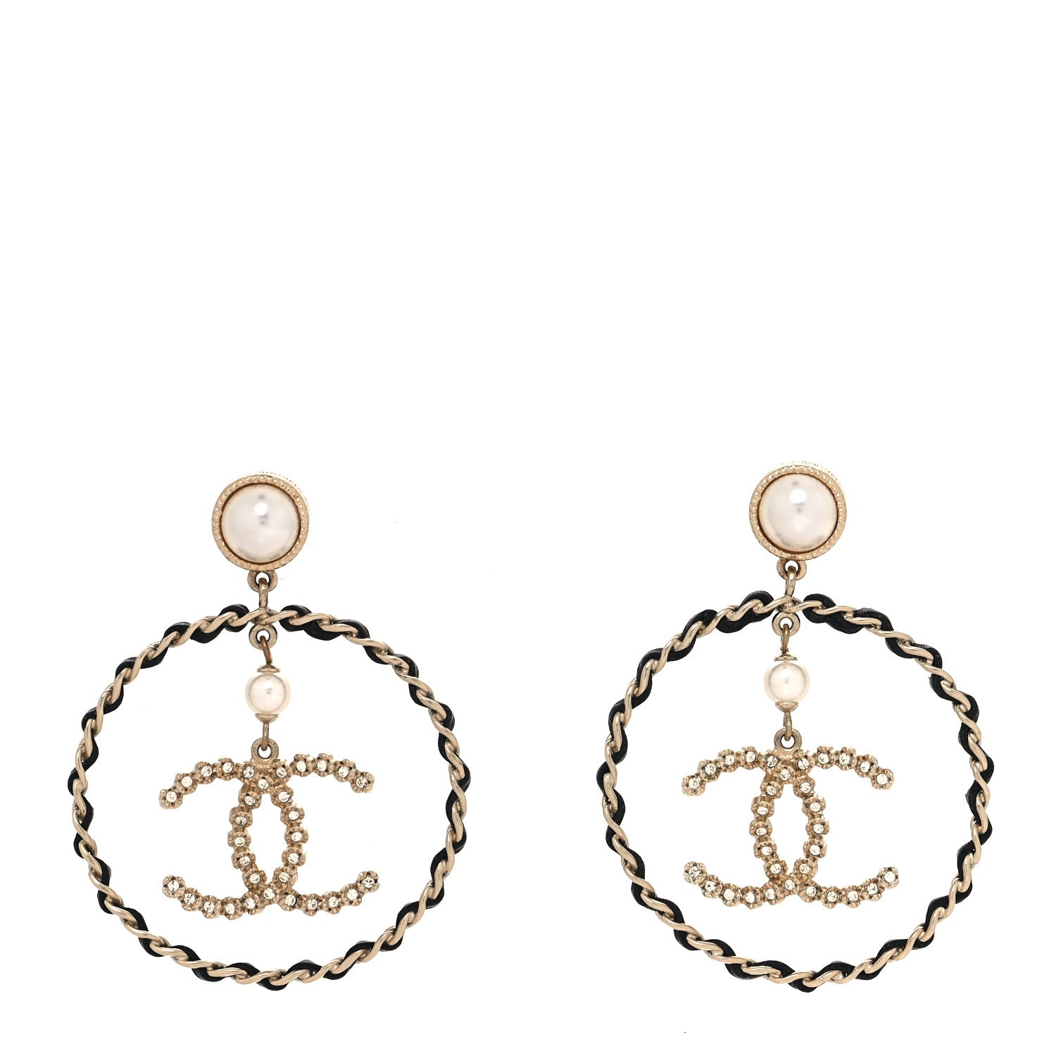 Chanel Lambskin Crystal Pearl CC Chain Hoop Earrings Gold Black 1 of 4