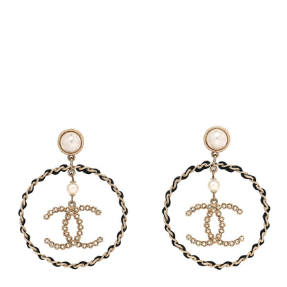 Chanel Lambskin Crystal Pearl CC Chain Hoop Earrings Gold Black 1 of 4