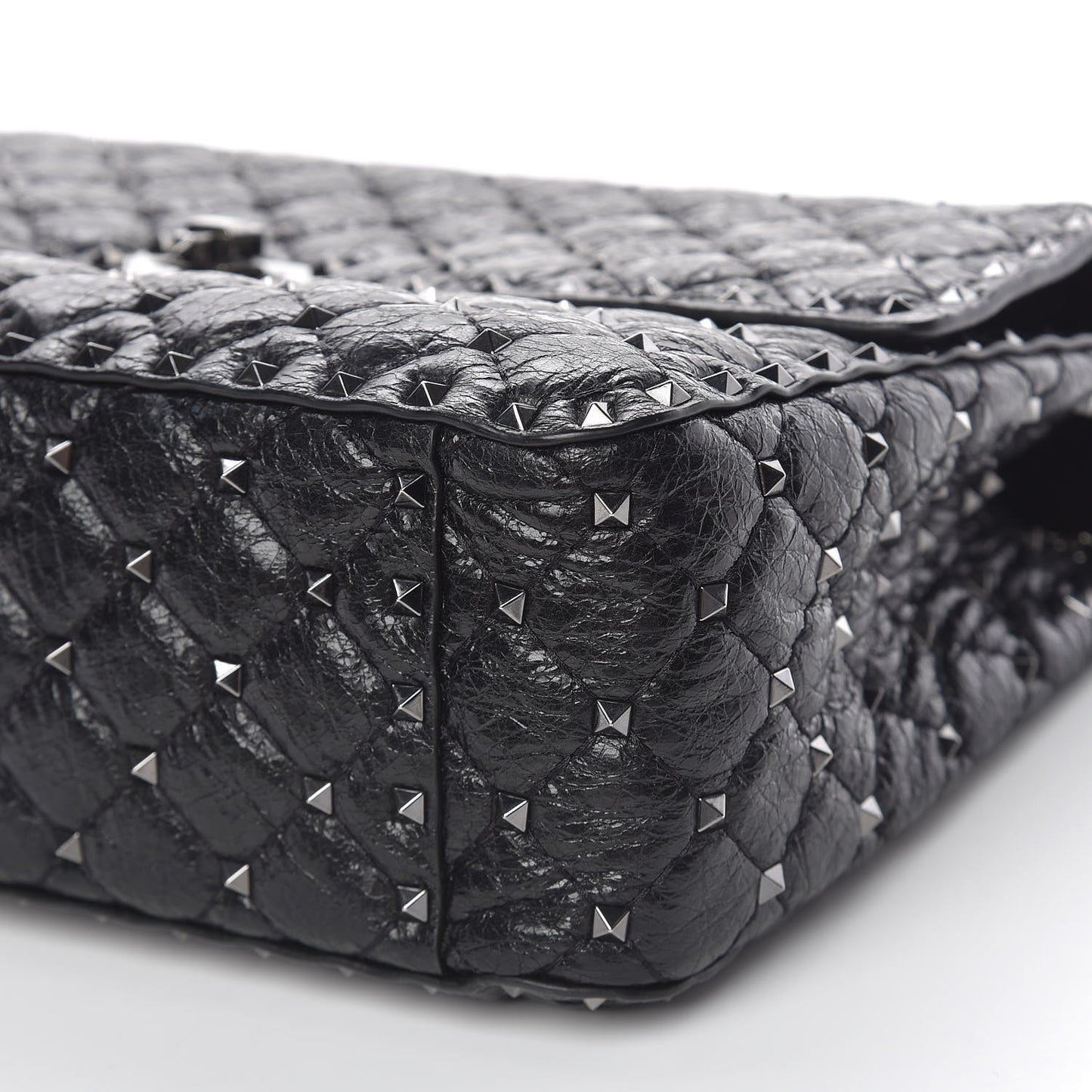 Craquele Nappa Large Rockstud Spike Shoulder Bag Black