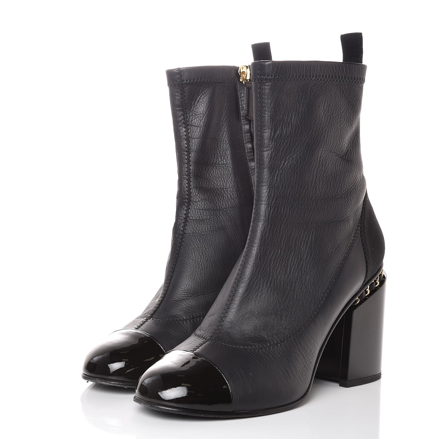 Chanel Calfskin Patent CC Cap Toe Chain Ankle Boots 39.5 Navy Black 3 of 9