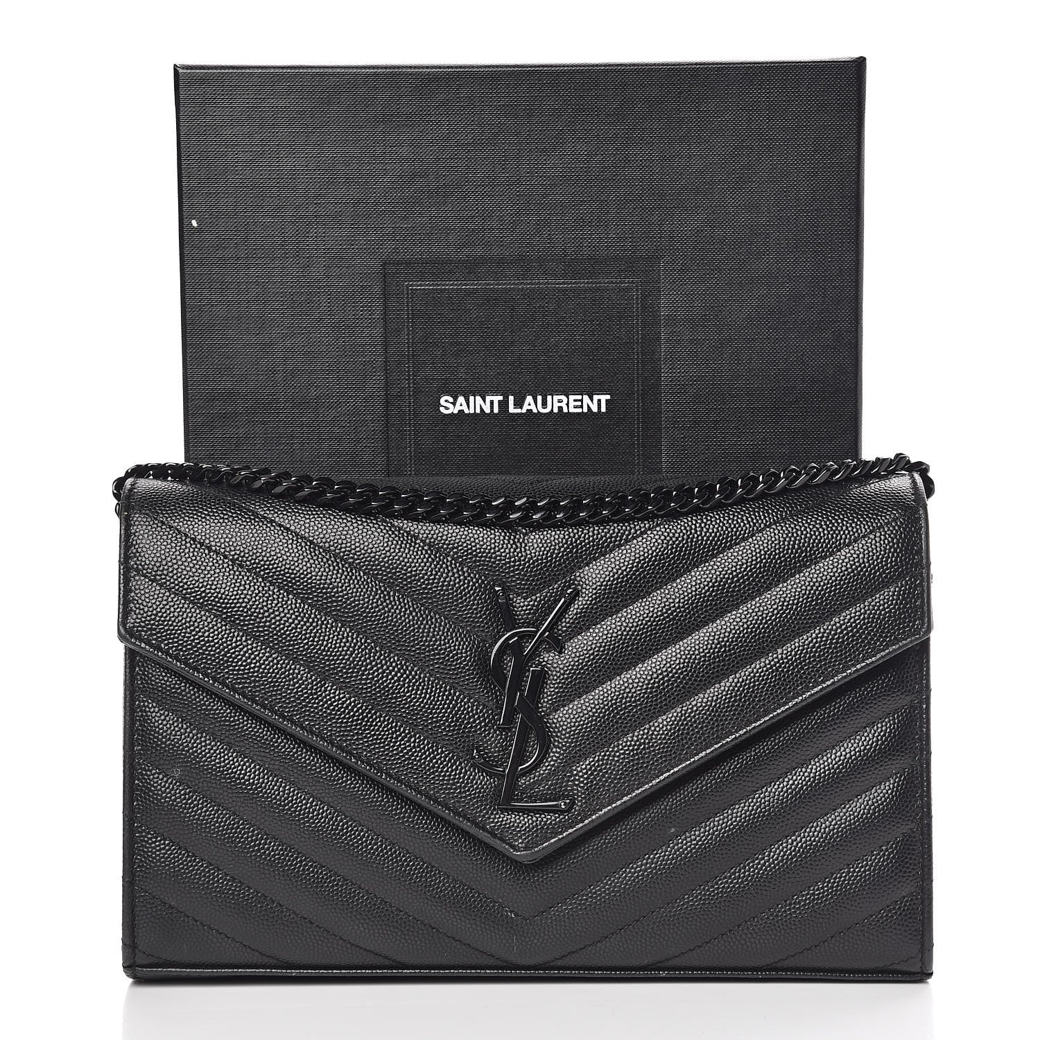 Saint Laurent Grain De Poudre Matelasse Chevron Monogram Chain Wallet Black 10 of 10
