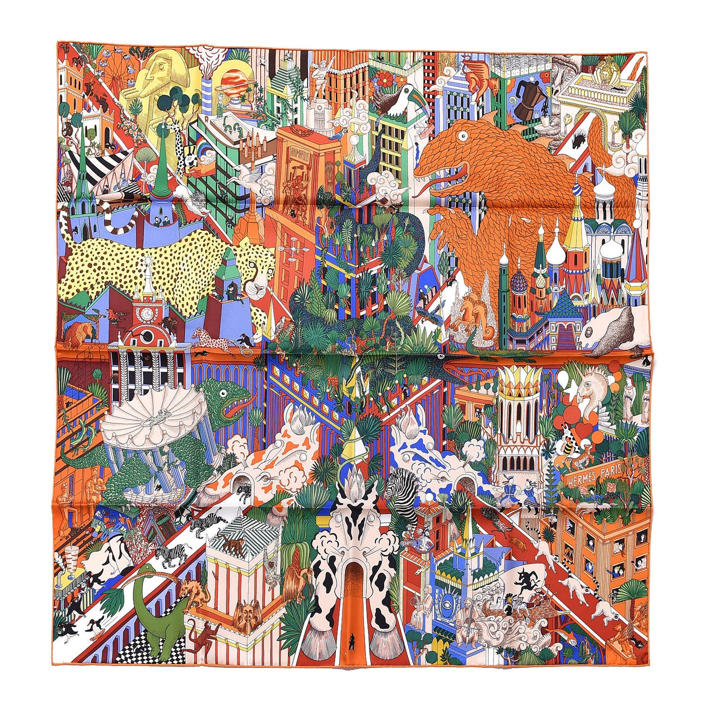 Silk Animapolis Scarf 90 Orange Vert Bleu