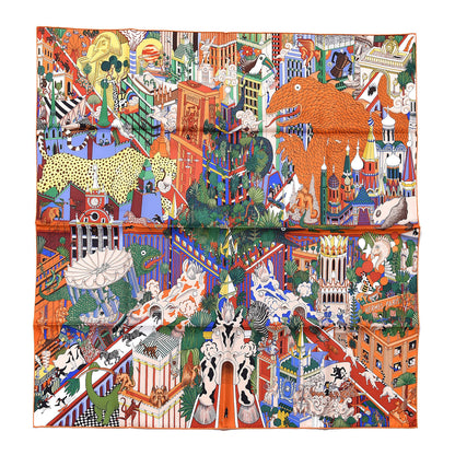 Hermes Silk Animapolis Scarf 90 Orange Vert Bleu 1 of 7