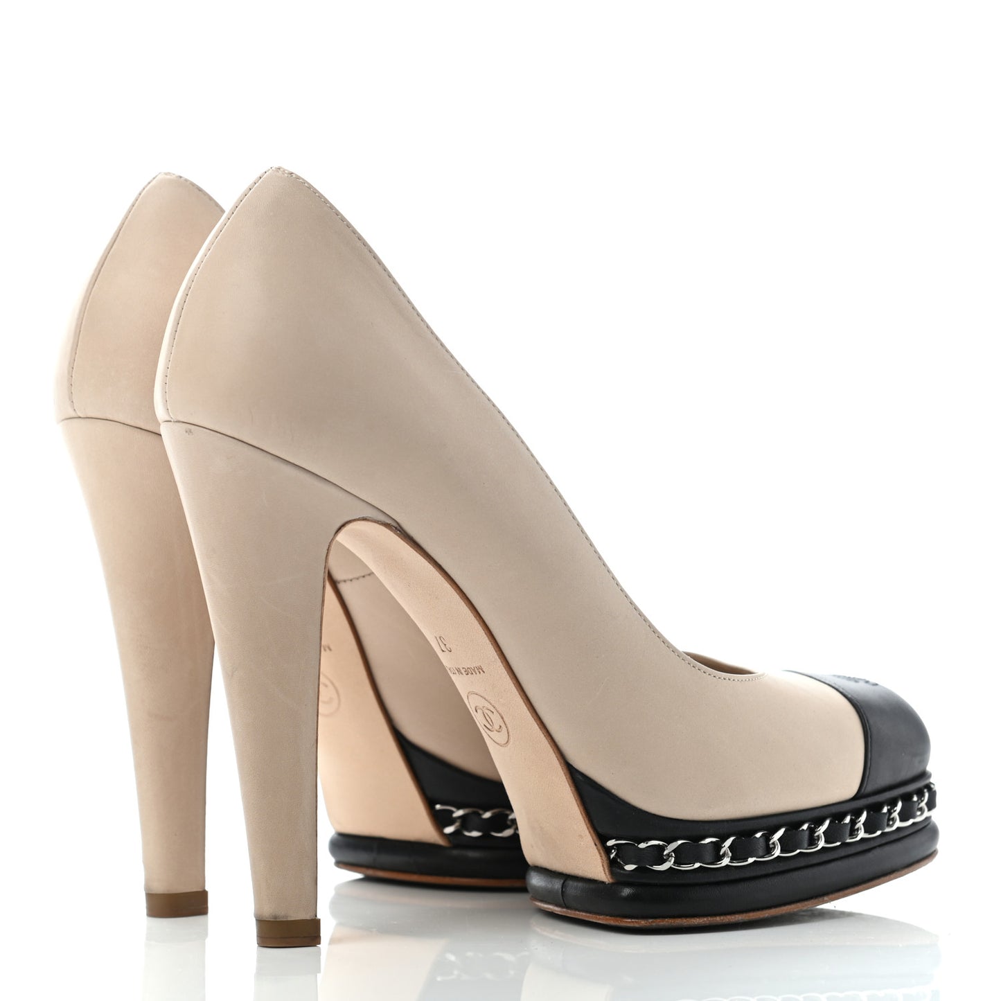 Calfskin CC Cap Toe Platform Chain Pumps 37 Beige Black