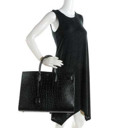 Saint Laurent Calfskin Crocodile Embossed Large Sac De Jour Carryall Black 3 of 7