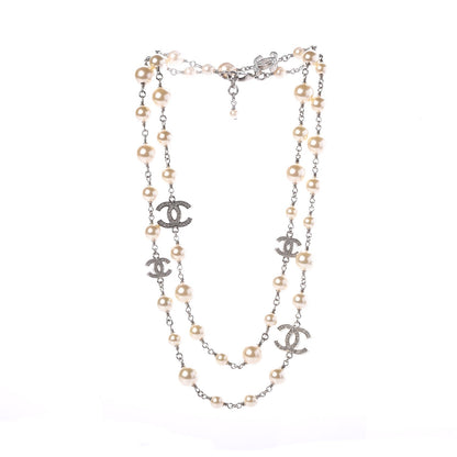 Chanel Crystal Pearl CC Long Necklace Silver 3 of 6