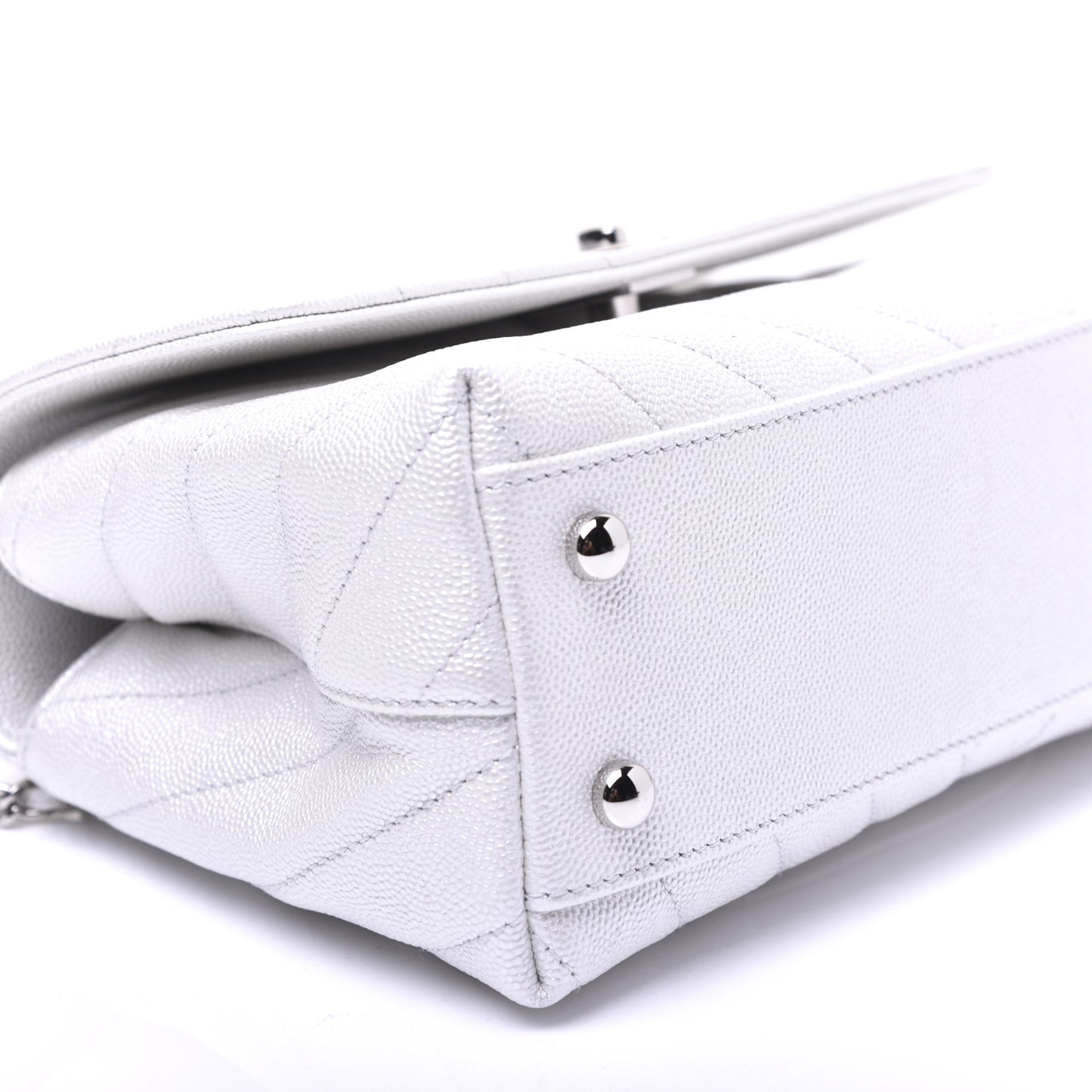 Iridescent Caviar Chevron Quilted Mini Coco Handle Flap White