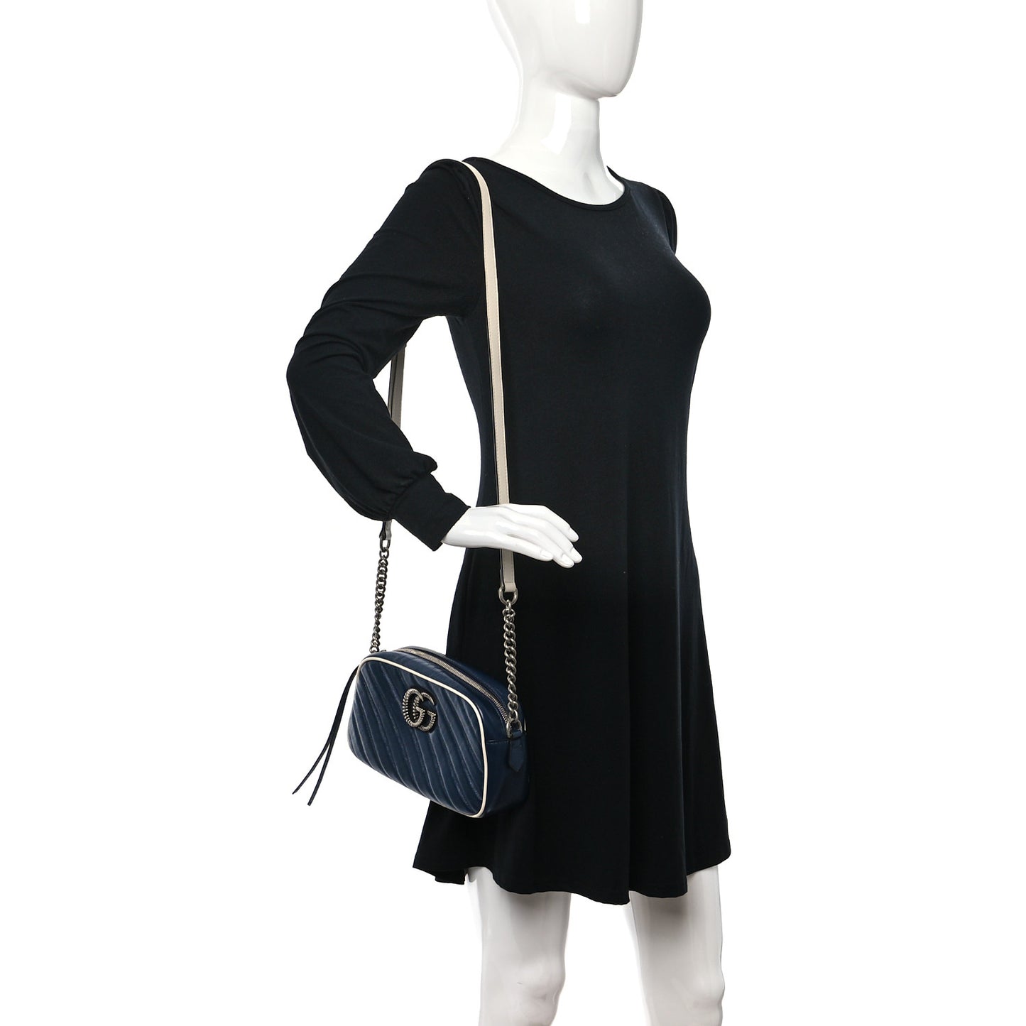 Vintage Effect Calfskin Matelasse Diagonal Small Torchon GG Marmont Chain Shoulder Bag Blue Agata Mystic White