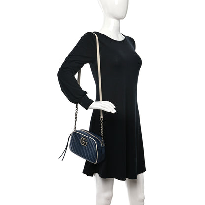 Gucci Vintage Effect Calfskin Matelasse Diagonal Small Torchon GG Marmont Chain Shoulder Bag Blue Agata Mystic White 2 of 9