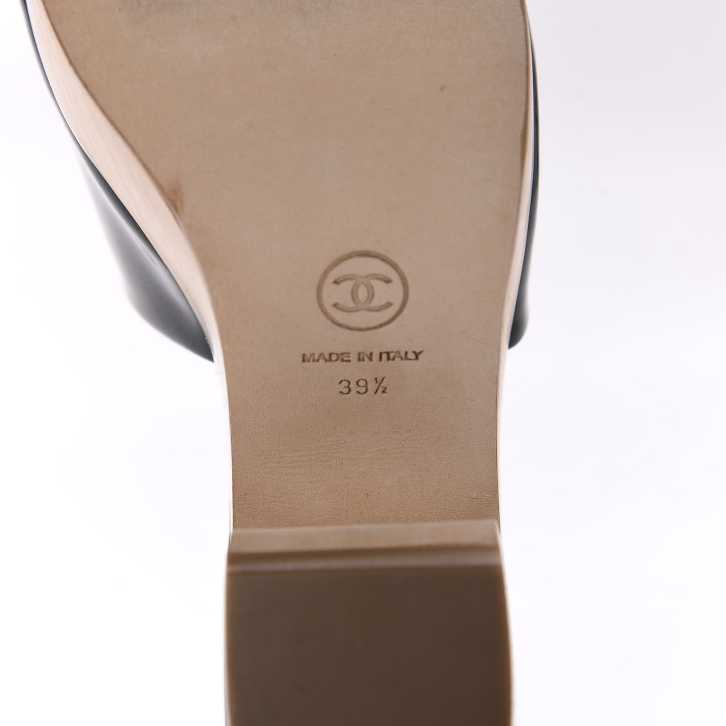 Patent Calfskin Wood CC Mules 39.5 Black Ivory