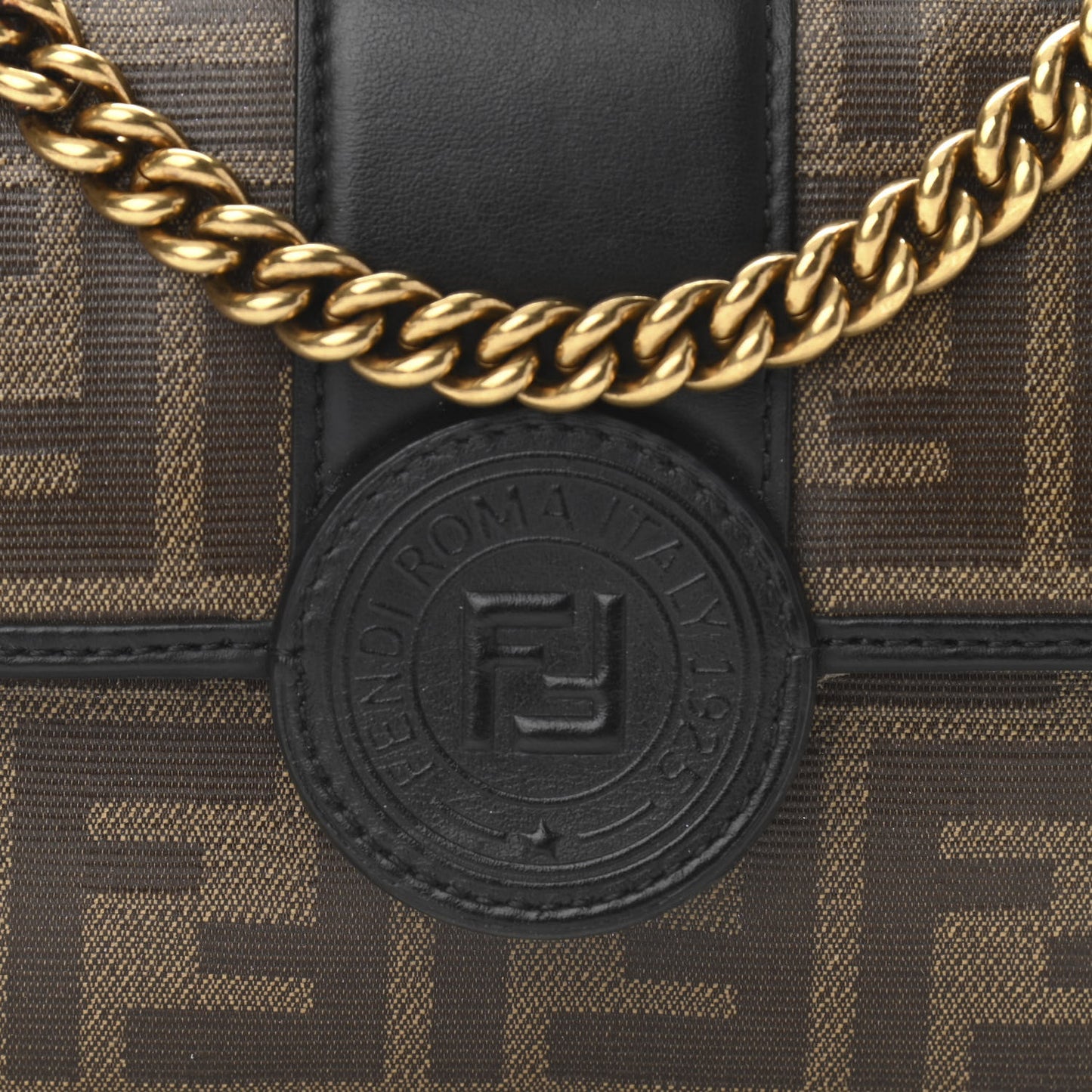 Glazed Fabric Vitello Century FF 1974 Stamp Patch Mini Double F Crossbody Bag Mogano Panna Black
