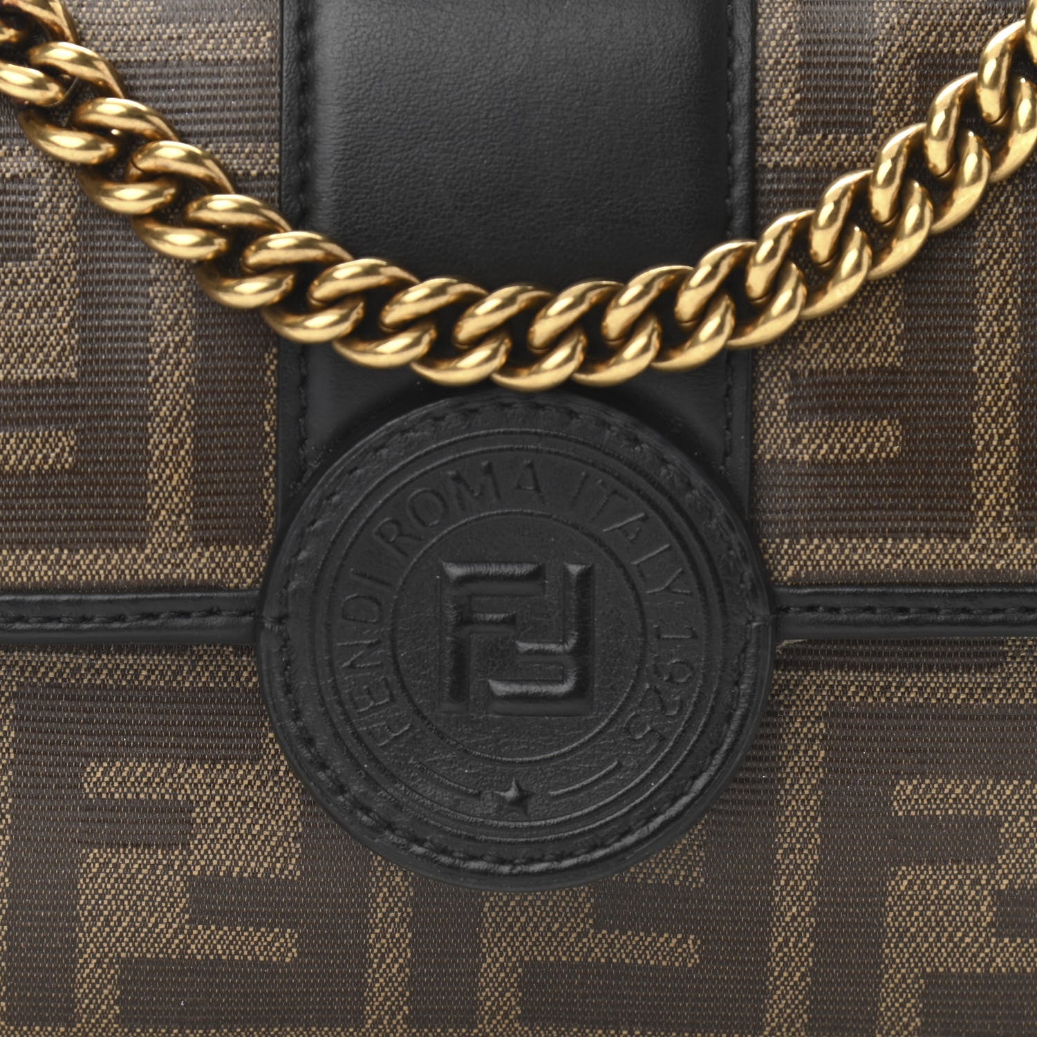 Fendi Glazed Fabric Vitello Century FF 1974 Stamp Patch Mini Double F Crossbody Bag Mogano Panna Black 7 of 9